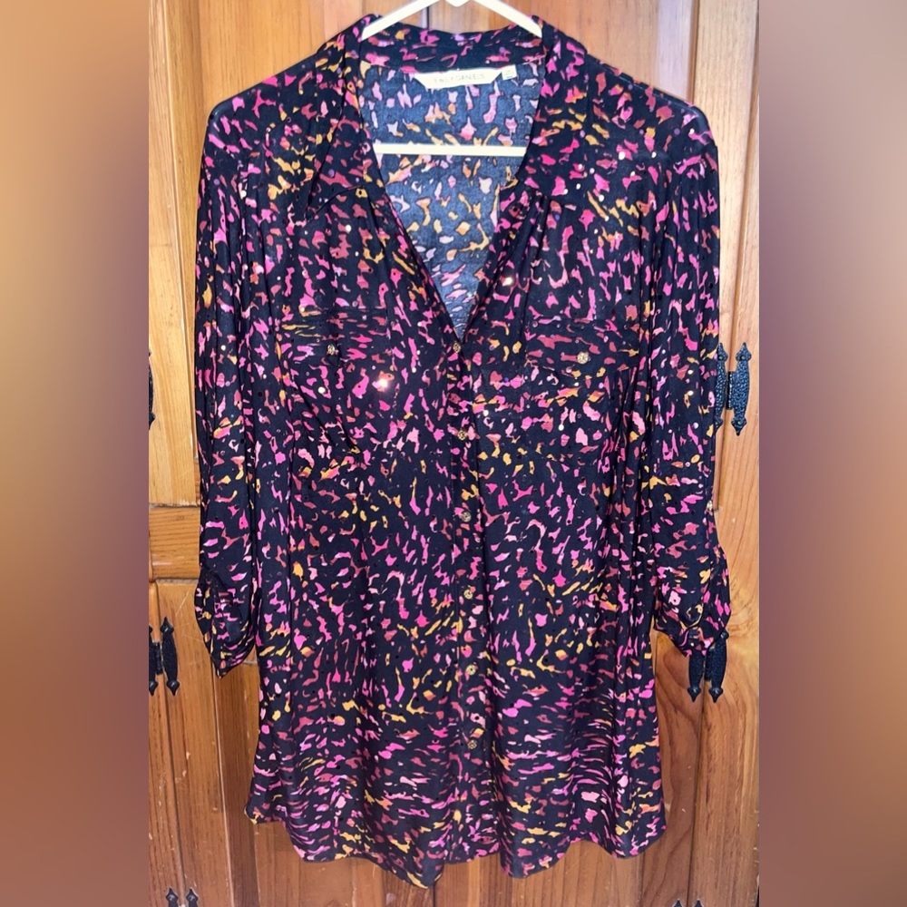 Women's Emily Daniels Button Up Top Sequin Abstract Pattern Size 1X